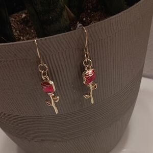 Elegant Gold and Red Rose Earrings